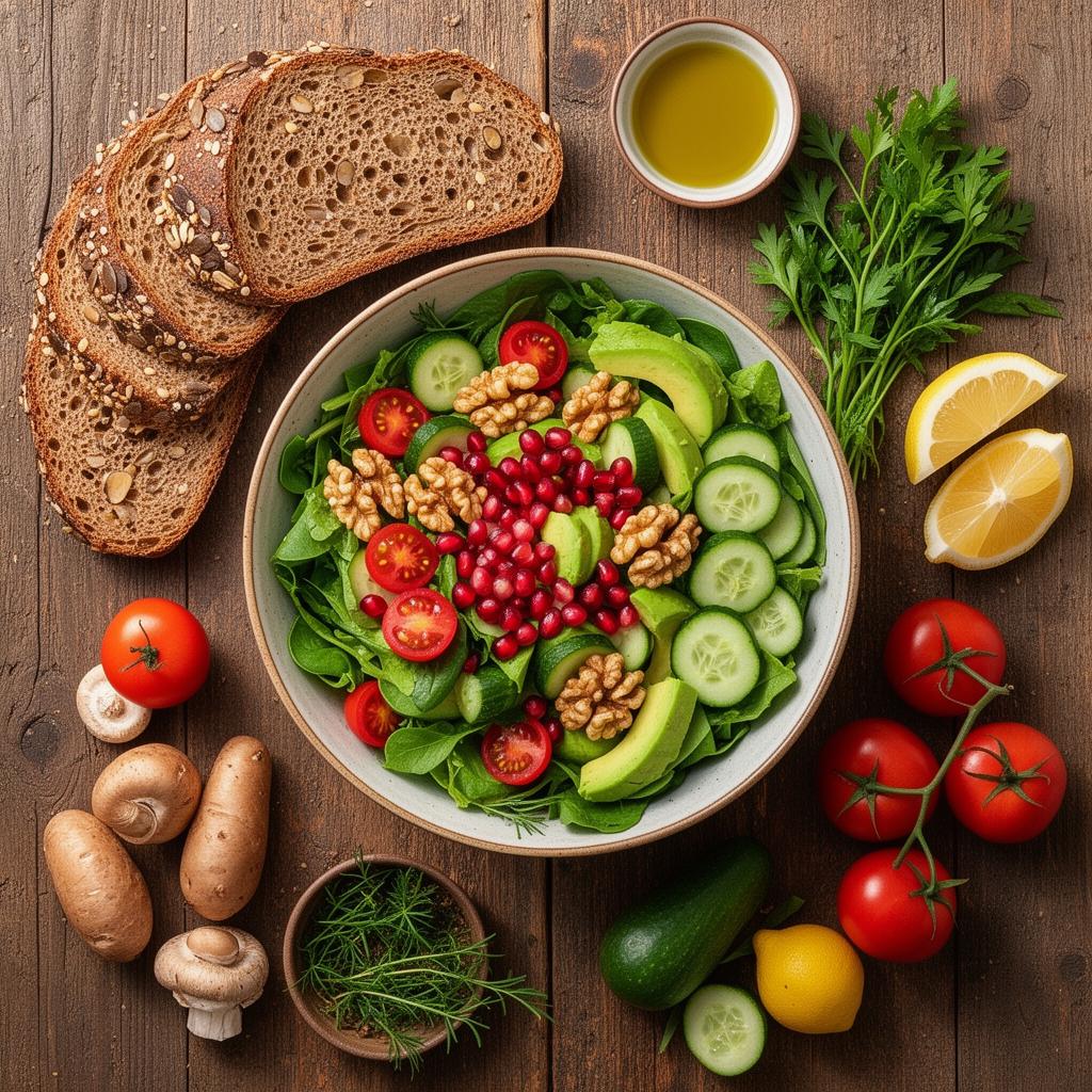 A rustic table spread of whole foods with a vibrant fresh salad, whole-grain bread, and natural ingredients
